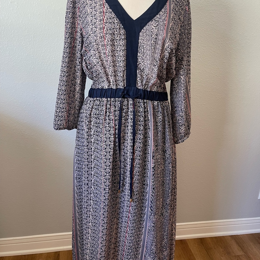 Navy Trim Patterned Maxi Dress with Tie Waist